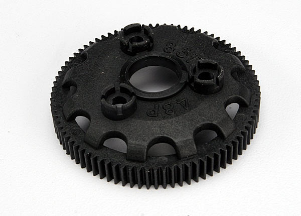 Traxxas 83-tooth spur gear for RC cars, 48-pitch metal gear with gear teeth visible and detailed surface texture.