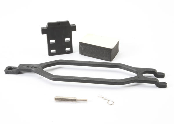 Traxxas extended battery hold down with hardware for secure battery mounting in RC vehicles, shown with metal brackets and screws.