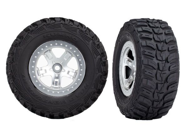Traxxas SCT satin chrome wheels with Kumho tires, set of 2, for remote control truck, detailed close-up image.