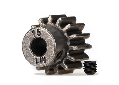Traxxas 15-tooth pinion gear with 5mm bore and 1.0 mod for remote control cars, shown in close-up on a white background.