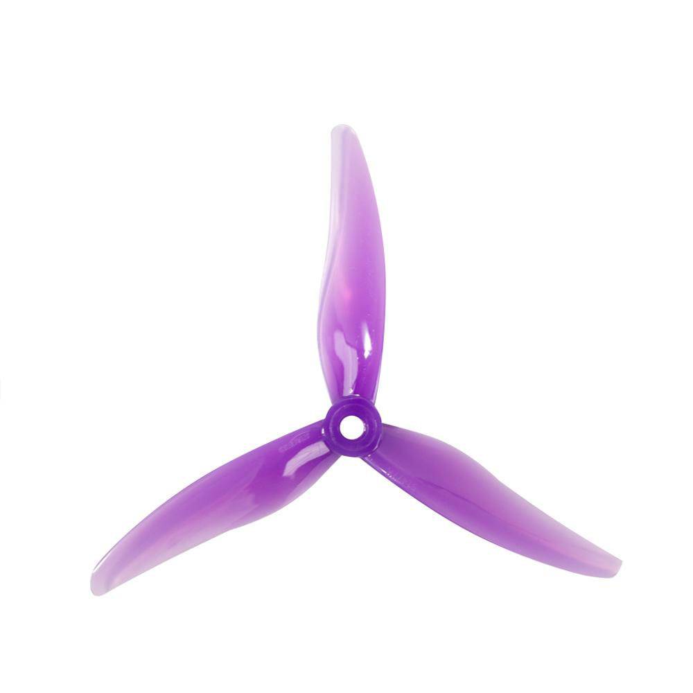 Pair of purple Gemfan Hurricane 51477 3-blade drone propellers, shown from different angles in the image.