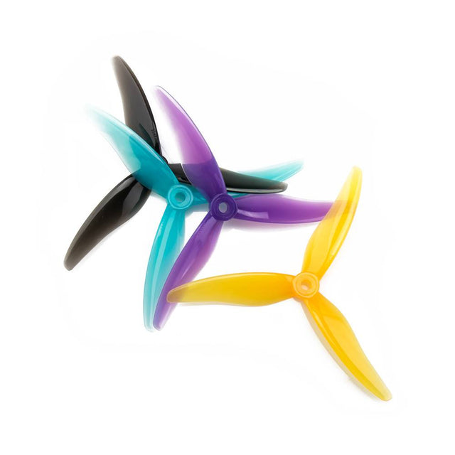 Two pairs of Gemfan Hurricane 51477 3-blade drone propellers in yellow, showing the blade design and branding.