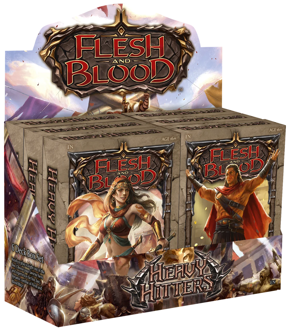 Flesh and Blood Heavy Hitters Blitz Deck collectible trading cards displayed in a sleek gaming deck by Legends Story Studios.