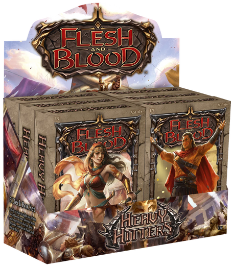 Flesh and Blood Heavy Hitters Blitz Deck collectible trading cards displayed in a sleek gaming deck by Legends Story Studios.