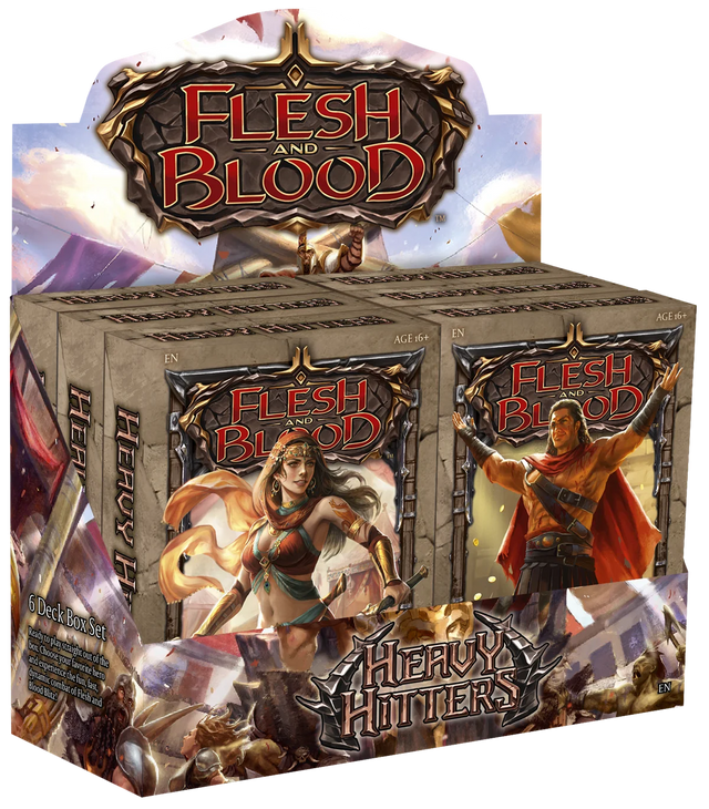 Flesh and Blood Heavy Hitters Blitz Deck collectible trading cards displayed in a sleek gaming deck by Legends Story Studios.
