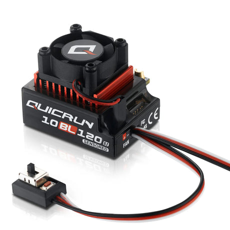 Hobbywing QUICRUN 10BL120 Sensored G2 ESC for RC cars, showing the compact electronic speed controller with wiring and connectors.