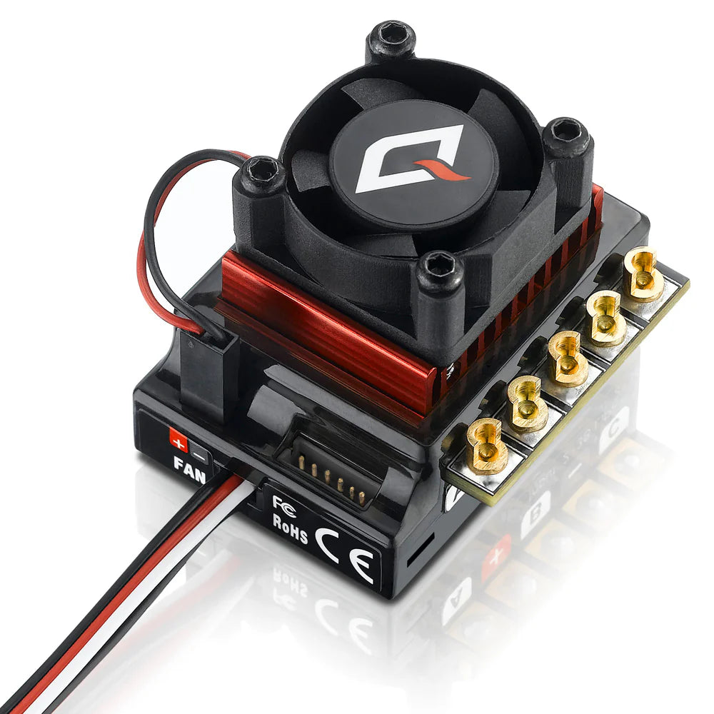 Hobbywing QUICRUN 10BL120 Sensored G2 ESC for RC cars, compact black electronic speed controller with wiring.