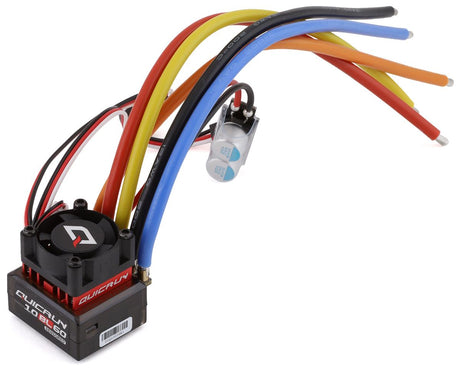 Hobbywing QUICRUN 10BL60 brushless sensored ESC for RC car, showing compact black electronic speed controller with wiring and connectors.