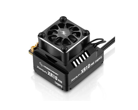 Close-up of Hobbywing XR10 PRO Legacy ESC showing its compact design and wiring connections.