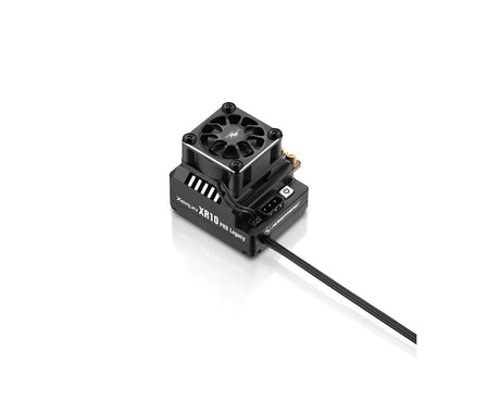 Hobbywing XR10 PRO Legacy ESC for RC cars, showing a compact black electronic speed controller with wiring and connectors.