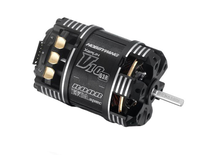 Hobbywing XeRun V10 G3R 25.5T sensored brushless RC car motor with cooling fins and wiring visible in the image.