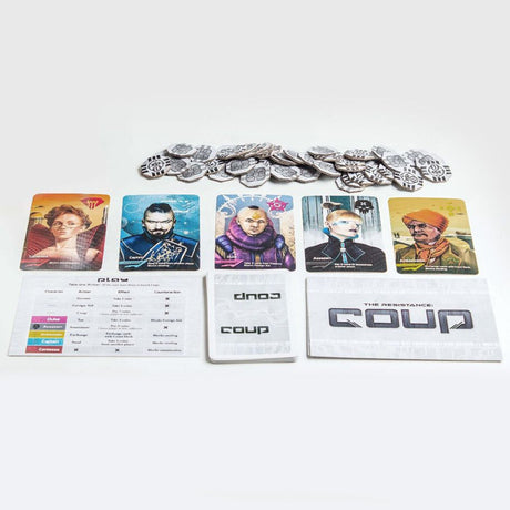 Coup card game by Indie Boards & Cards featuring a deck of cards and game components on a wooden surface.