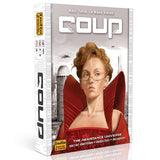 3D image of Indie Boards & Cards Coup card game box showing colorful design and branding.