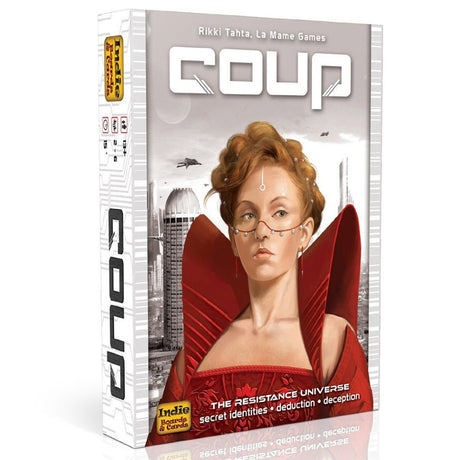 3D image of Indie Boards & Cards Coup card game box showing colorful design and branding.