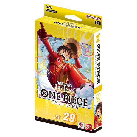 Bandai One Piece TCG Starter Deck Egghead featuring colorful character cards and game accessories in vibrant packaging.