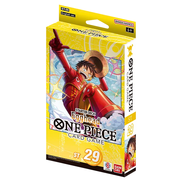 Bandai One Piece TCG Starter Deck Egghead featuring colorful character cards and game accessories in vibrant packaging.
