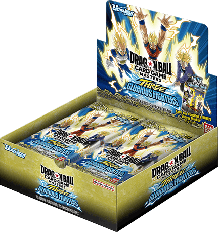 Bandai Dragon Ball Super Masters booster box featuring Three Glorious Fighters cards, colorful packaging with Dragon Ball characters.