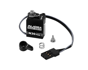 Injora SCX30 N30 Nano Pro high torque metal gear aluminum RC servo mounted on a vehicle with visible wiring and mounting hardware