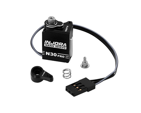 Injora SCX30 N30 Nano Pro high torque metal gear aluminum RC servo mounted on a vehicle with visible wiring and mounting hardware