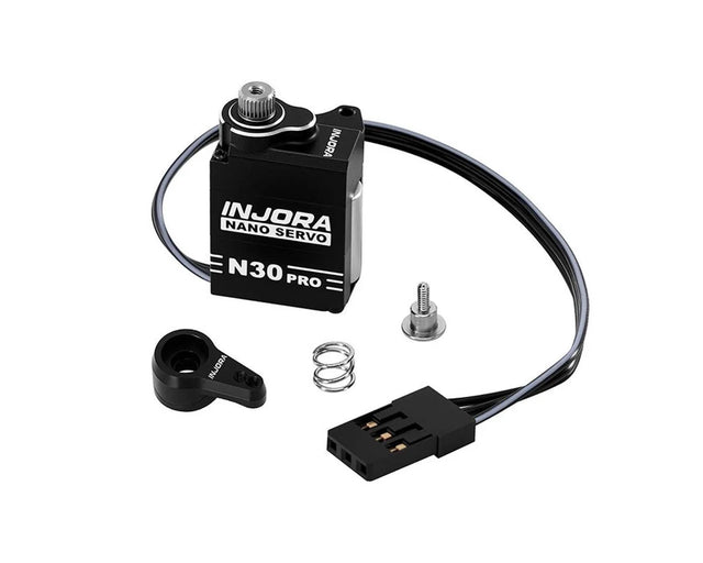 Injora SCX30 N30 Nano Pro high torque metal gear aluminum RC servo mounted on a vehicle with visible wiring and mounting hardware