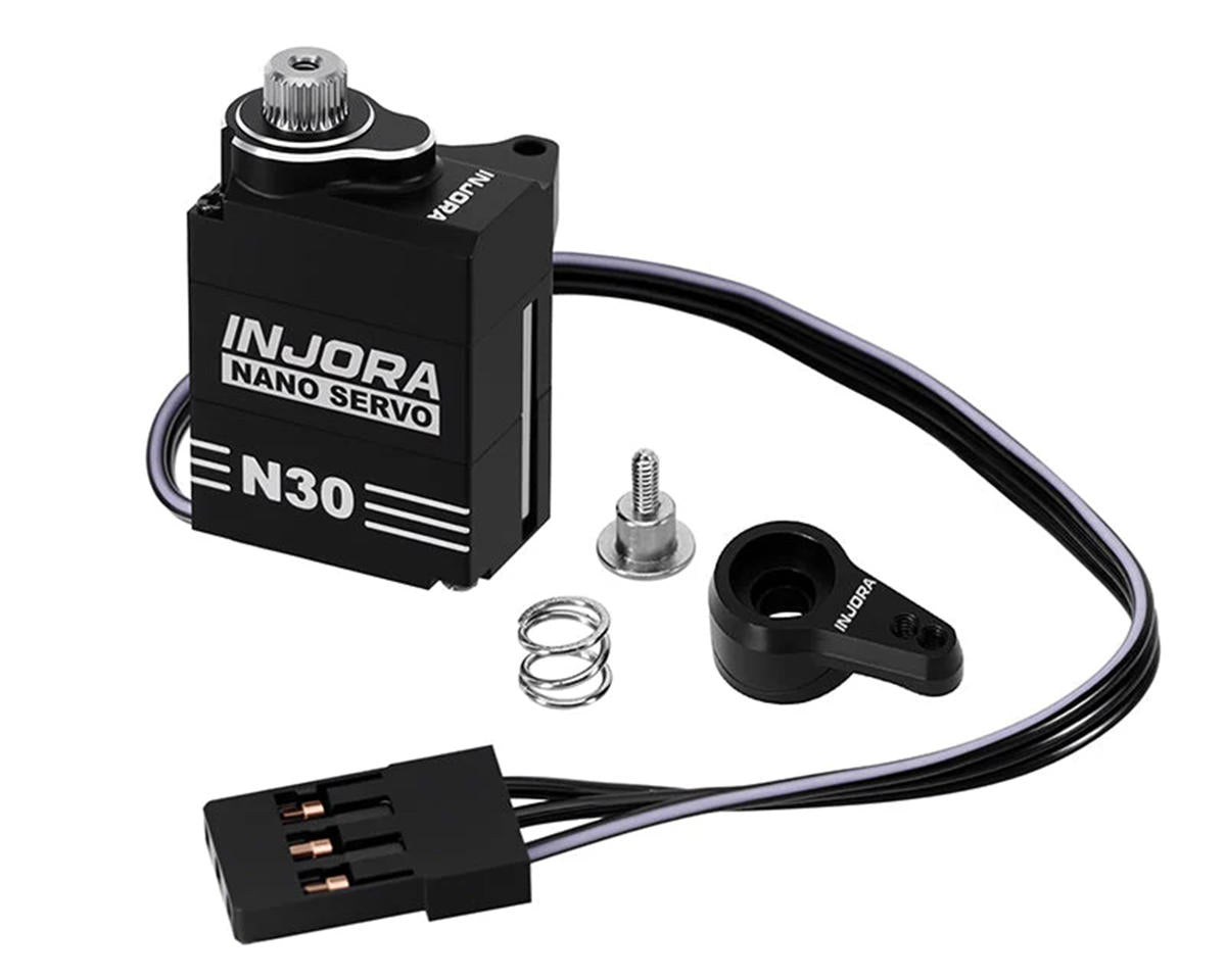 Injora SCX30 N30 Nano high torque metal gear aluminum servo mounted on a RC vehicle, showcasing durable construction and compact size.