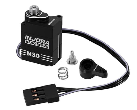 Injora SCX30 N30 Nano high torque metal gear aluminum servo mounted on a RC vehicle, showcasing durable construction and compact size.
