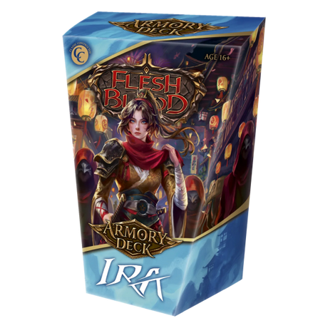 Close-up of Flesh and Blood Ira Armory Deck of collectible trading cards from Legends Story Studios, featuring vibrant card artwork.