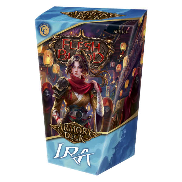 Close-up of Flesh and Blood Ira Armory Deck of collectible trading cards from Legends Story Studios, featuring vibrant card artwork.