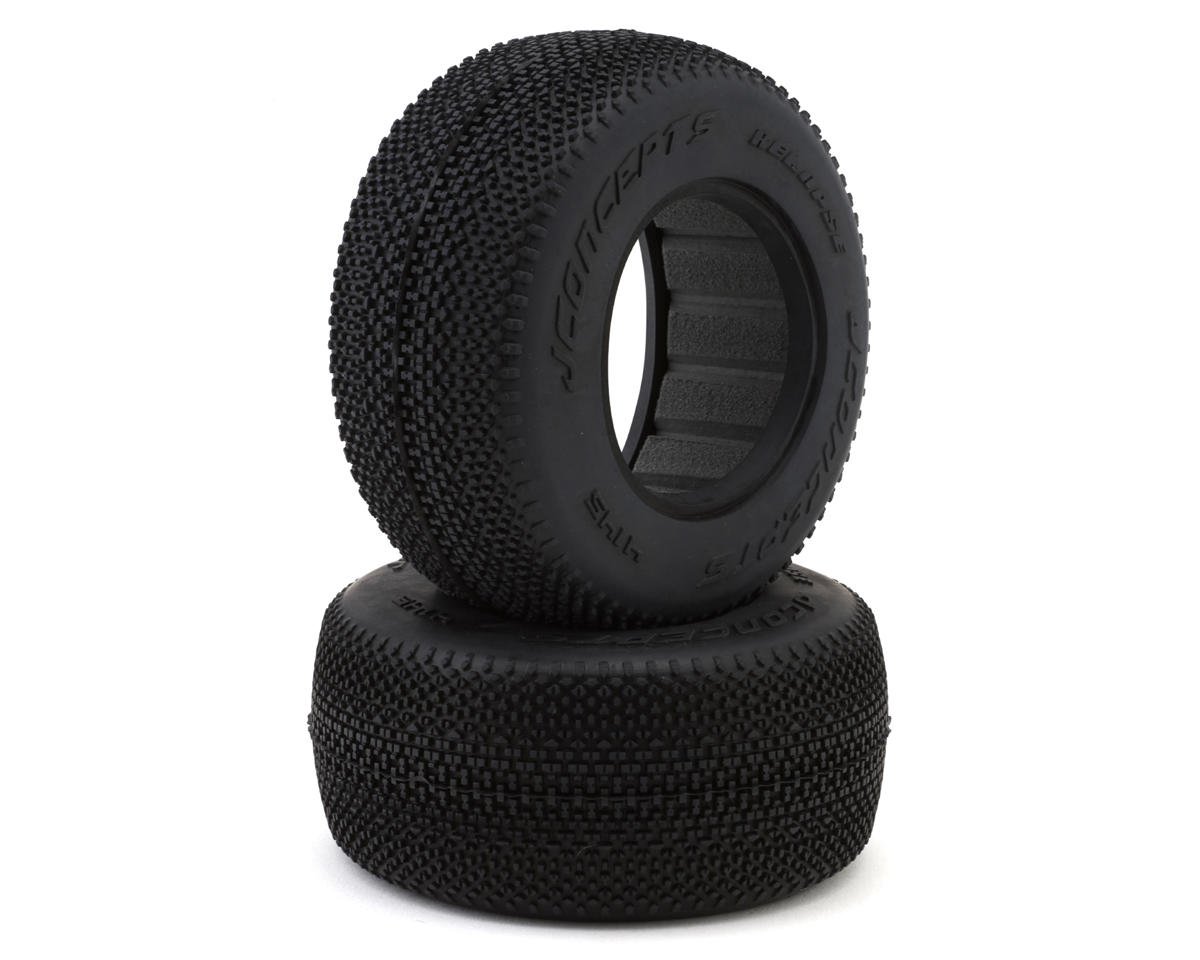 Pair of green JConcepts Relapse Short Course Tires for RC cars, showing tread pattern and sidewall details.
