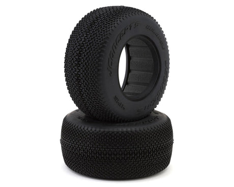 Pair of green JConcepts Relapse Short Course Tires for RC cars, showing tread pattern and sidewall details.