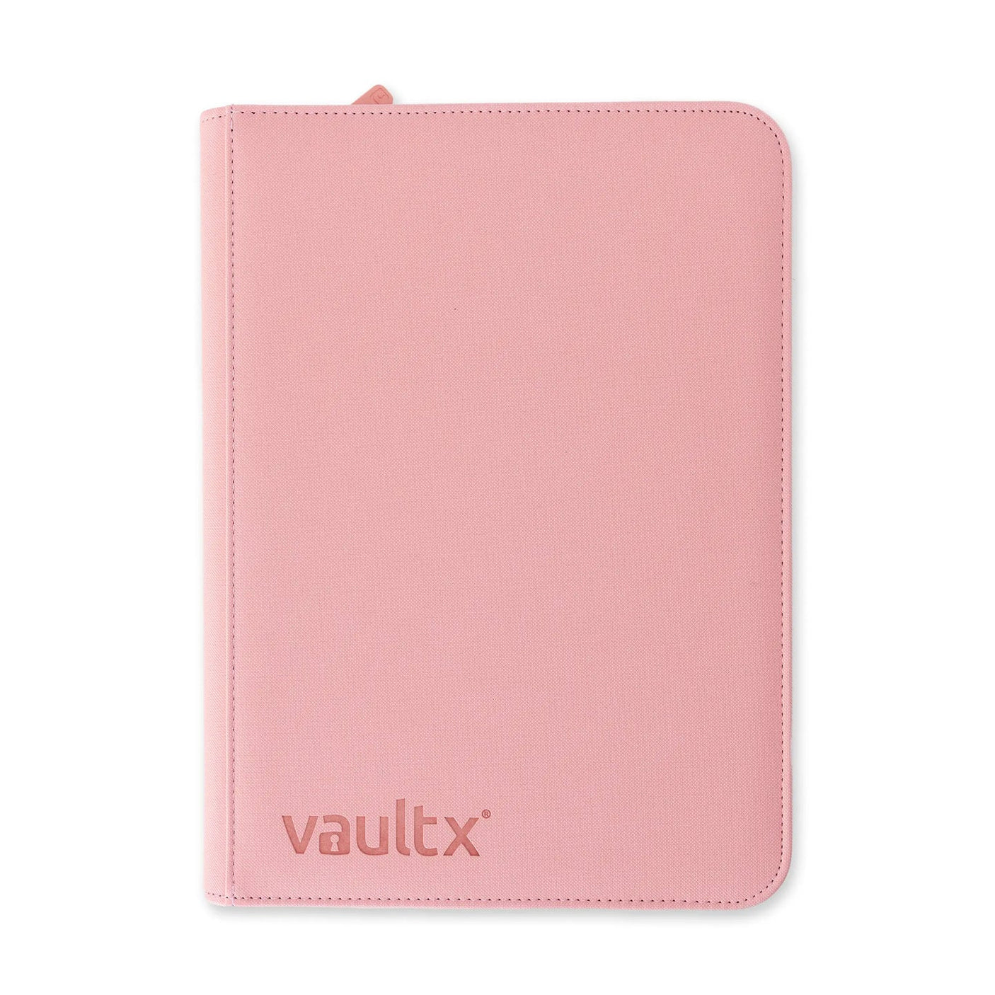 Vault X Exo-Tech 9-Pocket Zip Binder in pink and purple with multiple transparent pockets and zipper closure.