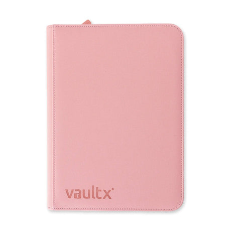 Vault X Exo-Tech 9-Pocket Zip Binder in pink and purple with multiple transparent pockets and zipper closure.