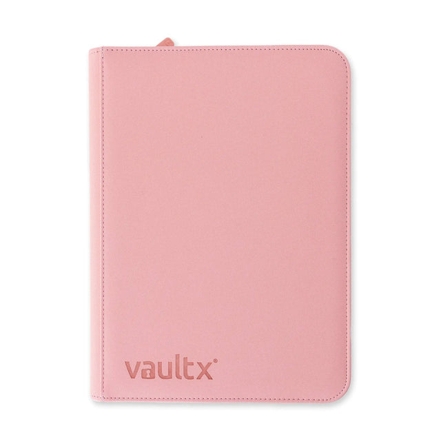 Vault X Exo-Tech 9-Pocket Zip Binder in pink and purple with multiple transparent pockets and zipper closure.