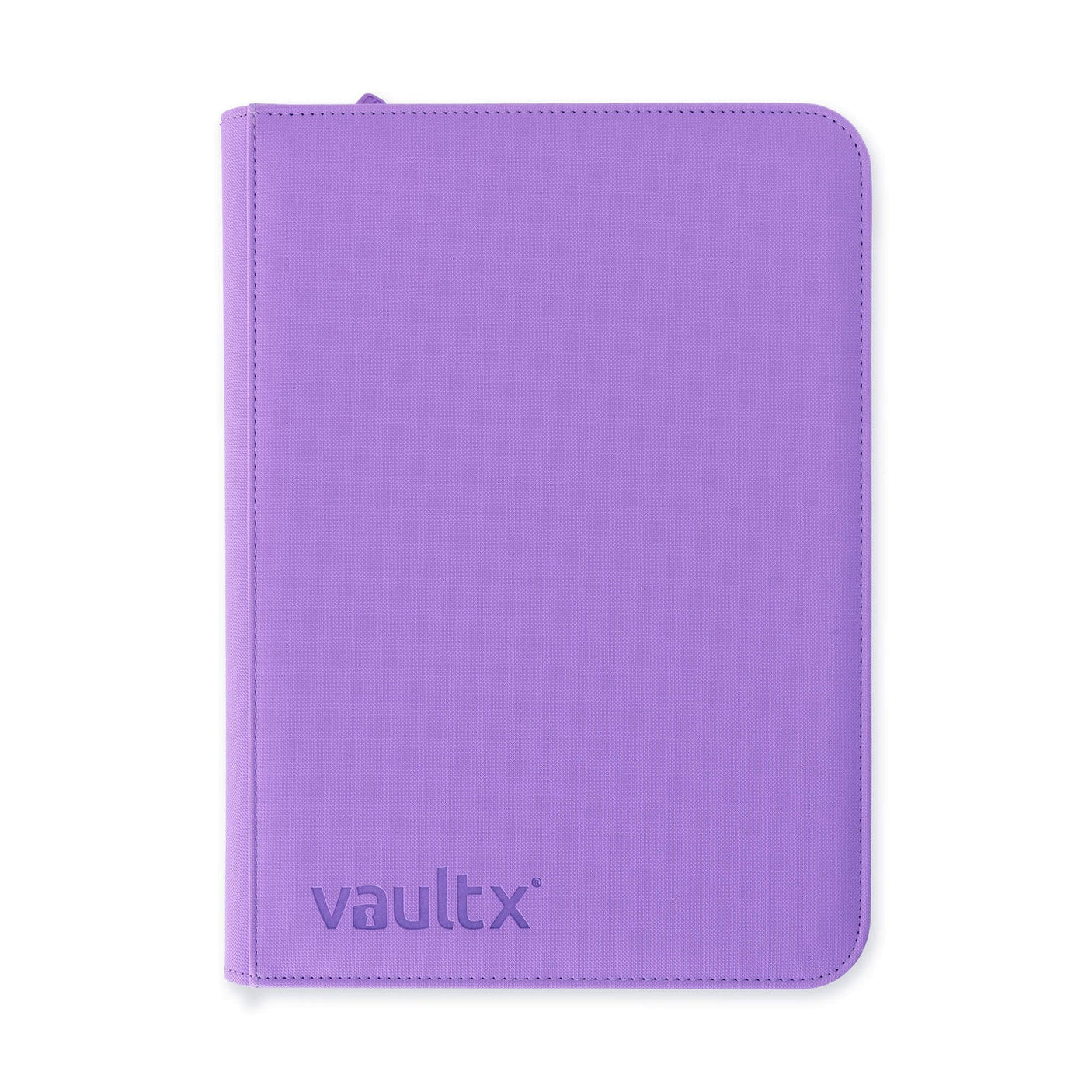 Vault X Exo-Tech 9-Pocket Zip Binder in vibrant purple with pink accents, featuring a zipper closure and multiple internal pockets.