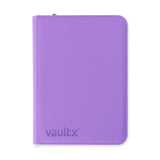 Vault X Exo-Tech 9-Pocket Zip Binder in vibrant purple with pink accents, featuring a zipper closure and multiple internal pockets.