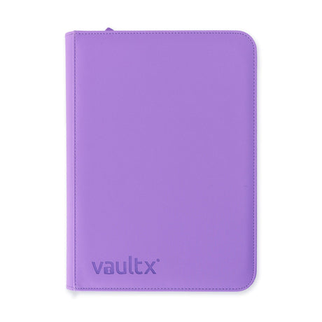 Vault X Exo-Tech 9-Pocket Zip Binder in vibrant purple with pink accents, featuring a zipper closure and multiple internal pockets.