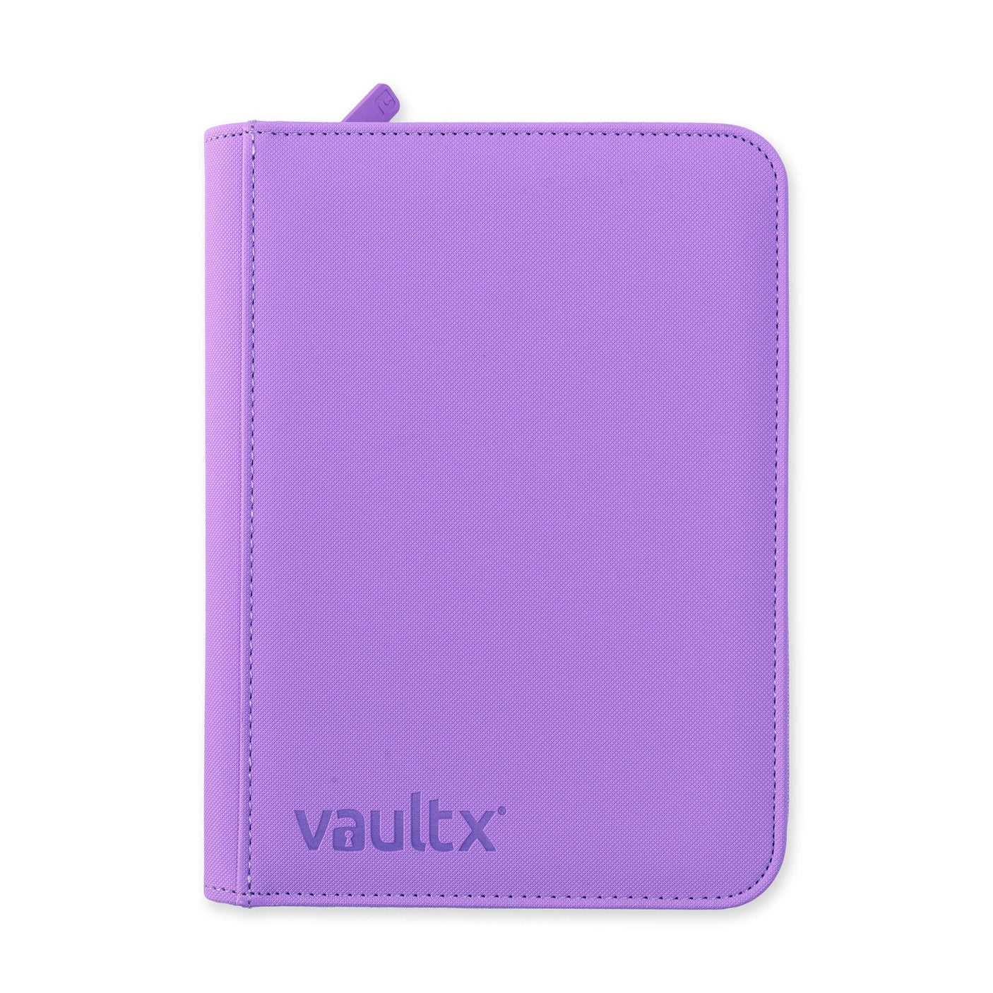 Vault X 4-pocket zip binder in vibrant purple, showing the closed binder with four exterior pockets and smooth zipper closure.