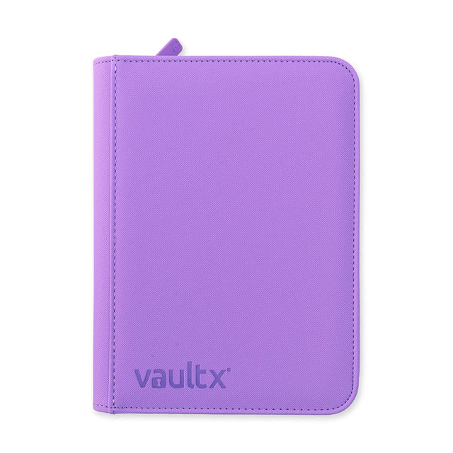 Vault X 4-pocket zip binder in vibrant purple, showing the closed binder with four exterior pockets and smooth zipper closure.