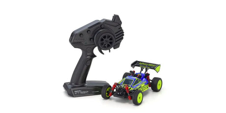 Kyosho Mini-Z 4WD Inferno MP9 Buggy RC car in blue and yellow, ready to run with detailed body and off-road tires.