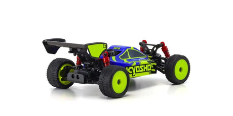 Kyosho Mini-Z 4WD Inferno MP9 RC Buggy in blue and yellow, ready-to-run remote control car on a racing track.