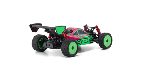 Kyosho Mini-Z 4WD Inferno MP9 Buggy RC car in pink and green with detailed body design and racing wheels.