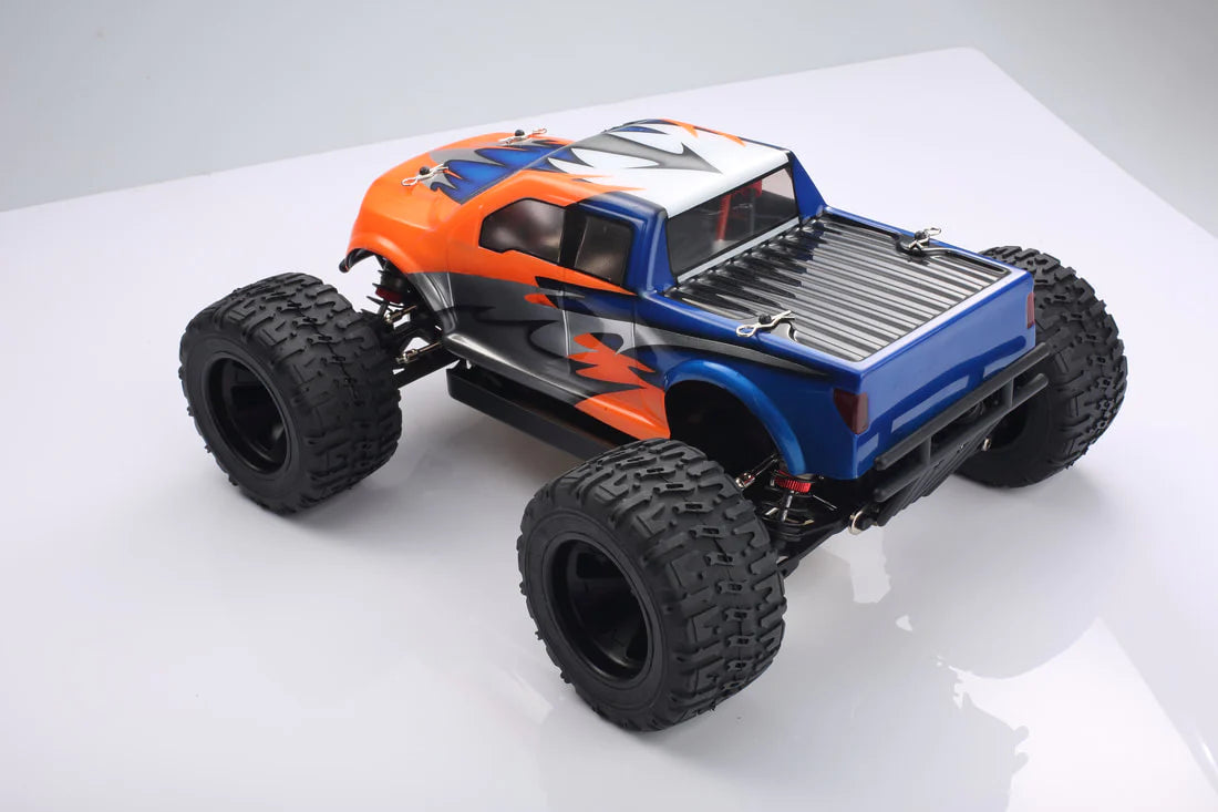 LC Racing EMB-MT 1/14 scale 4WD RTR monster truck with robust tires and detailed body, shown on a flat surface.