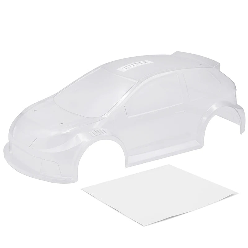 LC Racing L6264 EMB-RA rally polycarbonate clear body mounted on RC car, showcasing lightweight, transparent design for off-road racing.
