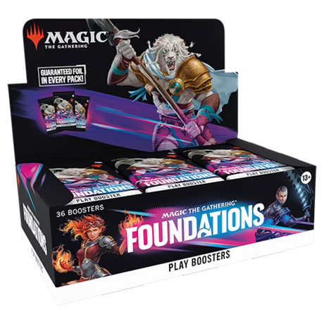 Magic: The Gathering Foundations Play Booster Box by Wizards of the Coast, featuring colorful booster packs and game artwork.