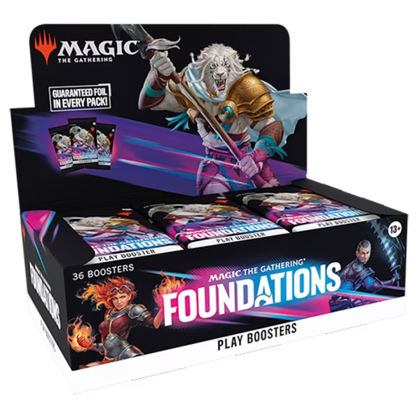 Magic: The Gathering Foundations Play Booster Box by Wizards of the Coast, featuring colorful booster packs and game artwork.