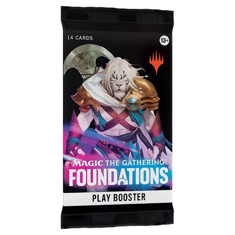 Magic: The Gathering Foundations Play Booster Pack by Wizards of the Coast featuring booster packs and game cards.