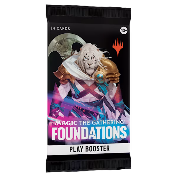 Magic: The Gathering Foundations Play Booster Pack by Wizards of the Coast featuring booster packs and game cards.