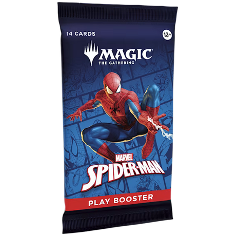 Marvel Spider-Man Play Booster Pack by Wizards of the Coast featuring card artwork and game components for Magic: The Gathering.