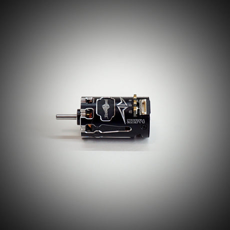 Team Powers MBX V4 Mini-Z RC car with sensored brushless motor, showing the sleek black motor and compact design.