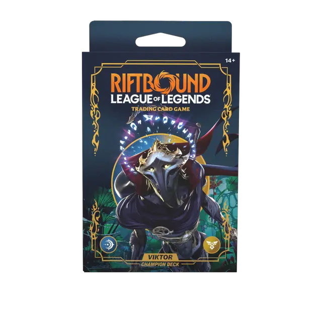 Riftbound Viktor Champion deck from UVS Games, featuring collectible cards with Viktor artwork and game details.